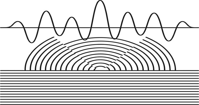 Wave Reflection and Diffraction Vector Diagram Showing Sound or Water Waves Interacting with Surface Boundary and Interference Pattern Illustration