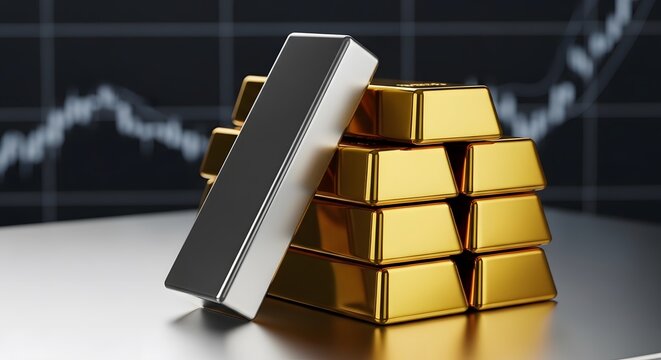 Stack of gold bars and a silver bullion leaning against them on a dark background with a glowing financial stock market chart. Concept of investment, wealth, and precious metals trading