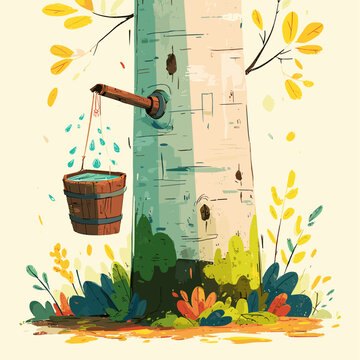 Birch Sap Collection with Wooden Bucket