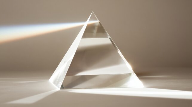 Optical physics and light spectrum concepts A triangular prism refracts a beam of light splitting it into a rainbow spectrum on a neutral background educational or scientific content The principles.
