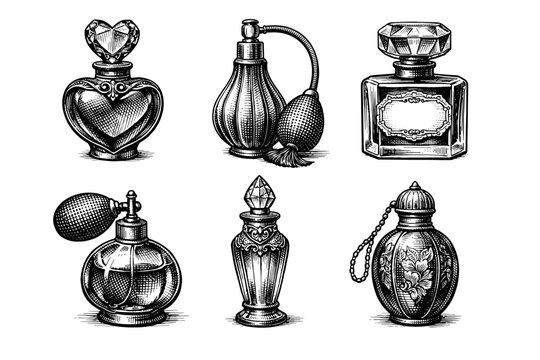 Vintage perfume bottles collection in black and white engraved illustration style with ornate fragrance flacons and atomizer