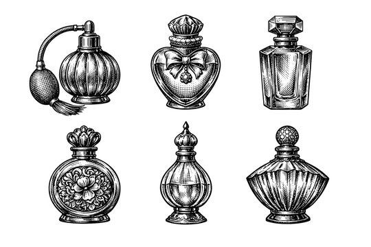 Vintage perfume bottles collection in black and white engraved illustration style with ornate fragrance flacons and atomizer