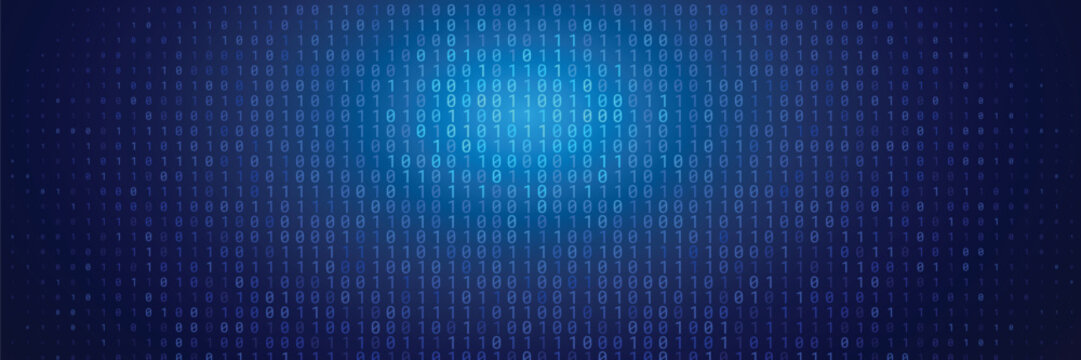 Abstract blue binary code technology background with digital data stream of ones and zeros, futuristic matrix pattern for cyber security banner