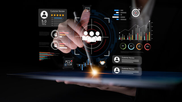 A dashboard for customer relationship management (CRM). The data analysis and market research help to identify a target audience and understand customer reviews and behavior. Fermion