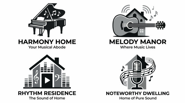 A collection of music-themed logos including piano, guitar, and microphone brands, each representing various facets of musical style and atmosphere for creative businesses.