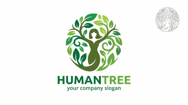 A flowing tree design with human forms integrated symbolizes harmony and connection to nature, making it suitable for eco-conscious and wellness brands.