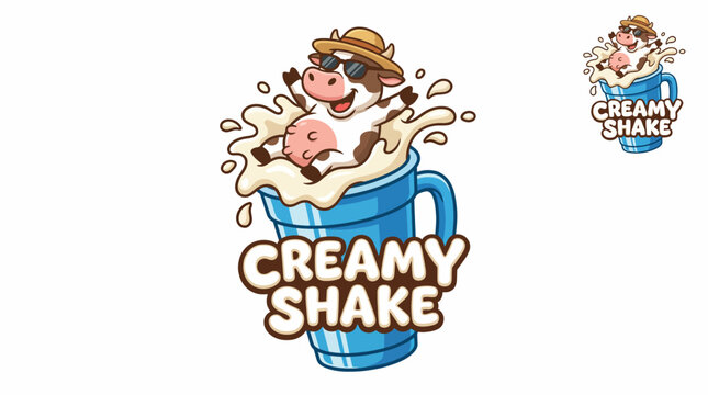 A playful cartoon cow enjoying a delightful milkshake, exuding joy and fun, ideal for a dessert shop or milkshake brand marketing imagery.