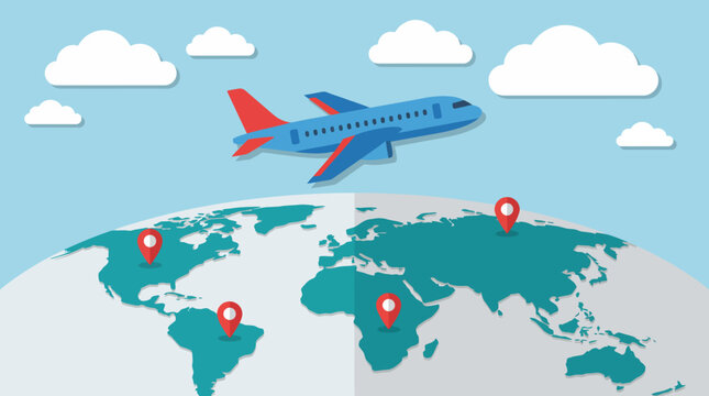 This creative travel-themed image features a flying airplane over a globe, representing adventure, exploration, and the joy of discovering new places worldwide.