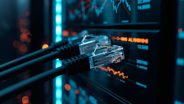 データセンターを思わせる通信コネクタと監視グラフのITイメージ