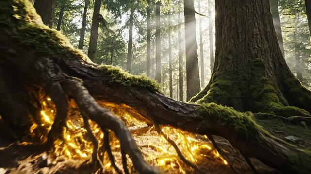 Forest roots with glowing particles