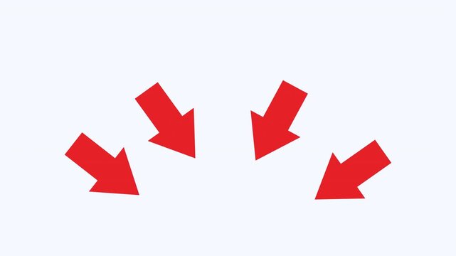 Four red arrows converging towards a focal point. Suitable for illustrating decline, loss, recession, financial crisis concepts.