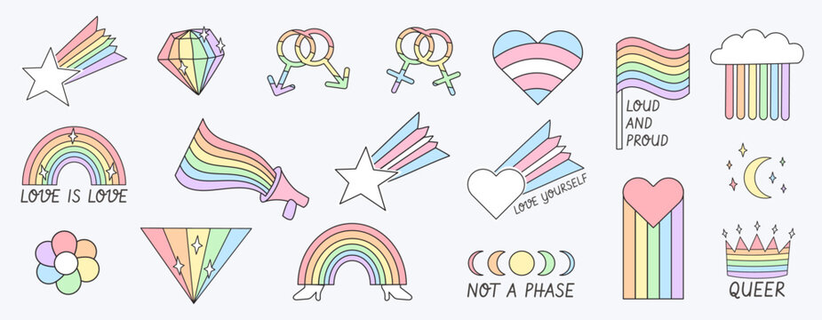 Pastel LGBTQ pride stickers with inclusive slogans. Retro hand-drawn doodles of rainbows, gender symbol for queer celebration and pride month branding. Vector illustration isolated on white background