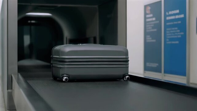 suitcase moving through airport security scanner, luggage passing inspection system, controlled checkpoint environment, travel safety procedure, screening process and transportation security concept