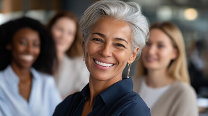 Fototapeta premium Diverse group of confident professional women smiling together in a modern workspace, female leadership and collaboration lifestyle concept, defocused background, with copy space