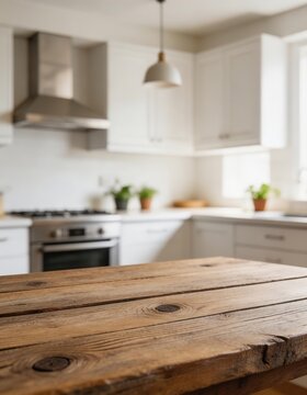 Wooden table top with blurred modern kitchen interior background, empty rustic surface for product display, home cooking space with white cabinets and natural light
