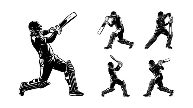 Cricket player silhouette in various batting poses and action shots monochrome illustration set