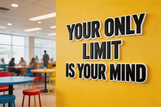 Motivational quote on yellow wall in modern coworking space with blurred people and colorful furniture inspiring creativity productivity and positive mindset in office interior