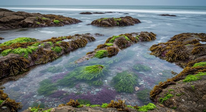 Coastal Rock Pools: Seaweed Gardens at Low Tide with Long Exposure Ocean