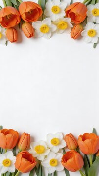 Spring floral frame with orange tulips and white daffodils on light background, fresh seasonal border composition with copy space, elegant nature design for greeting card