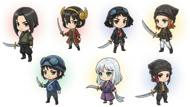 Collection of Seven Chibi Style Anime Samurai Warriors Isolated on White