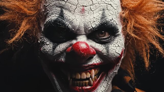 Closeup of a scary clown with cracked makeup