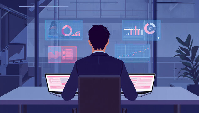 夕方のオフィスで分析作業をする日本人ビジネスマンのイラスト