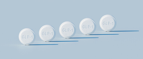 Plakat GLP-1 weighloss pills - five pills in a row on blue background with harsh lighting - orthographic perspective