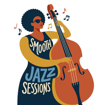 The artwork captures the essence of smooth jazz with a stylish woman playing the double bass, exuding musicality and elegance accented by vibrant colors and joyful notes.