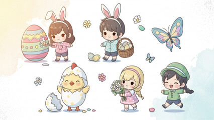 Naklejka premium Cute Chibi Children Easter Celebration Set with Eggs and Chick Illustration
