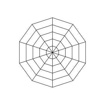 Geometric spiderweb illustration featuring radiating spokes and concentric circles within a twelve-sided polygon frame. Ideal for abstract design, Halloween themes, and mathematical visuals.