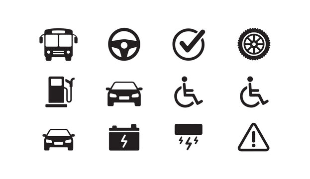 Vehicle icons set including bus, car, steering wheel, tire, and electric car symbols