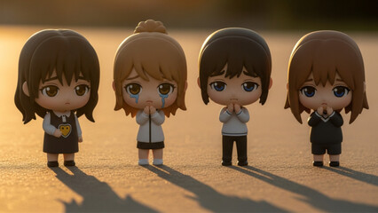 Fototapeta premium Small Sad Manga Style Figurines Praying and Crying in Warm Sunset Light