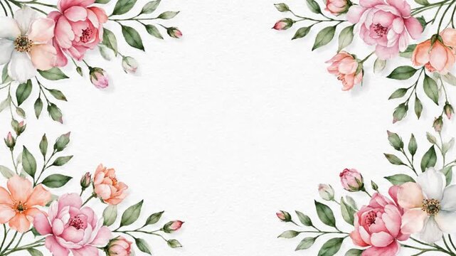 Floral border, pink rose corner frame, watercolor flowers, green leaves, decorative illustration isolated on White Background