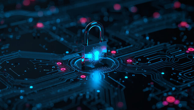 深夜のネットワーク空間で発光する開錠アイコンのセキュリティ背景