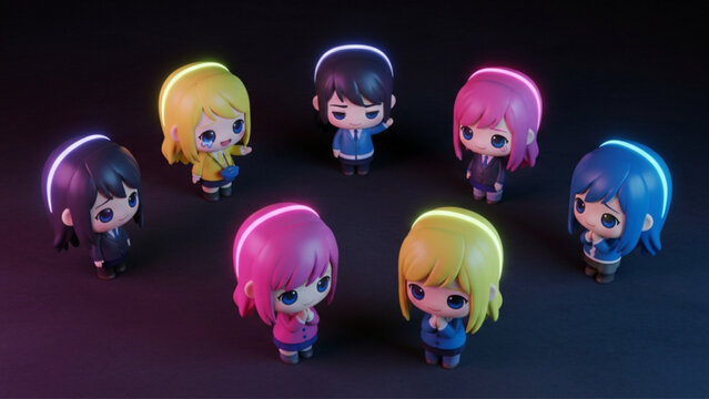 Chibi Anime Characters with Neon Glowing Halos in a Circle 3D Render