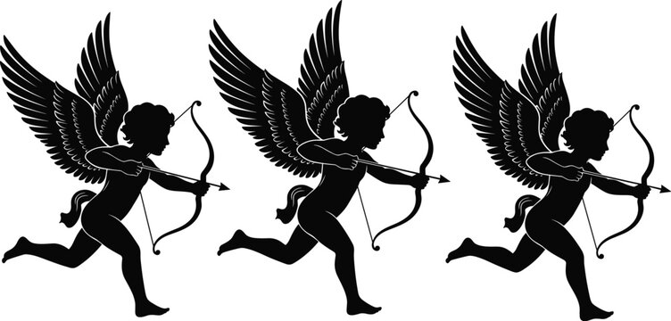 Cupid cherub silhouette vector illustration, winged angel with bow and arrow, love romance design, Valentine&rsquo;s Day artwork, decorative pattern