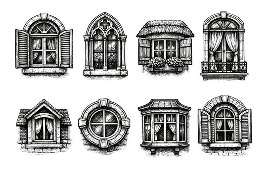 Vintage window collection in black and white engraved illustration style with gothic shutters balcony frame and round window designs