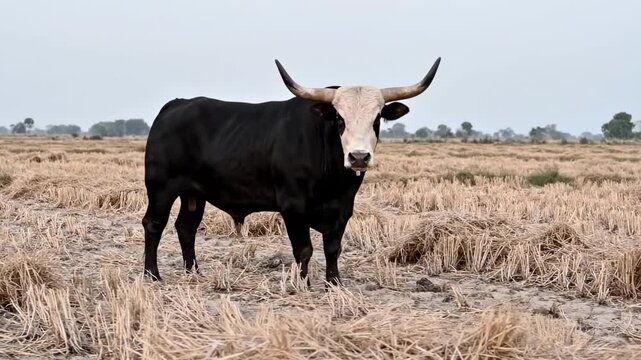 black baldy bull standing alert in a harvested field under a pale open sky, strong solitary cattle portrait in rural farmland