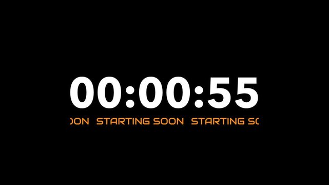 Countdown timer starting soon digital one minute black background live stream