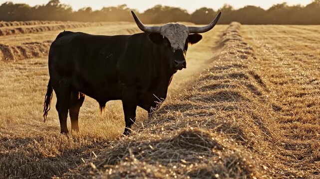 black baldy bull beside sunlit hay rows with drifting dust at golden hour, warm rural cattle portrait in a harvested field