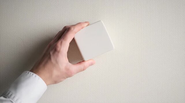 Overhead video: well-groomed hand in white professional shirt gently places minimalist white ceramic cube on textured off-white matte board, soft light, shallow DOF. Concept of elegant simplicity