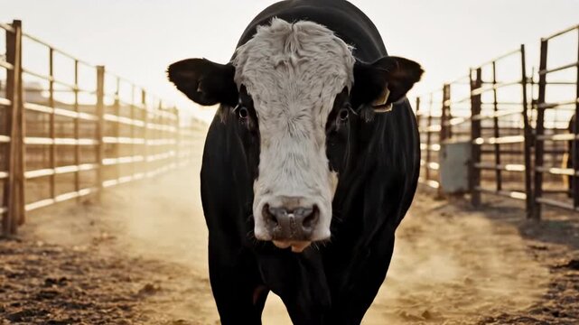 black baldy bull centered in a dusty ranch corral lane at golden hour, backlit cattle portrait framed by metal fencing