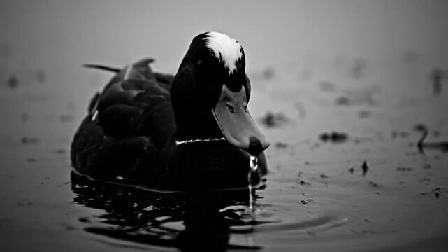 Black and white portrait of a duck submerged in murky water with a white patch on its head