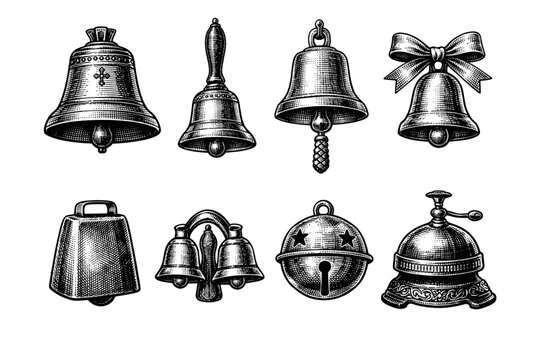 Vintage bell collection in black and white engraved illustration style with church bell desk bell handbell and jingle bell set