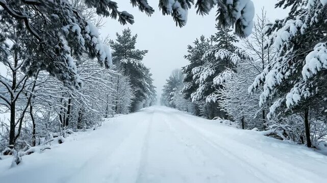 Winter Wonderland - A Snowy Road Through a Forest Landscape.