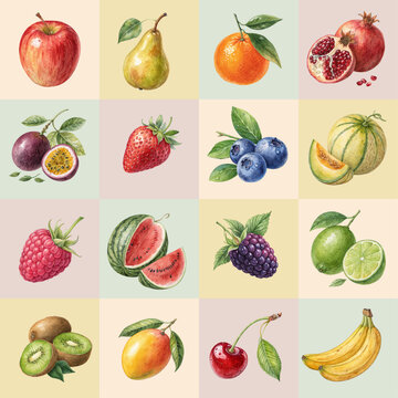 Watercolor fruit collection set with organic farm products