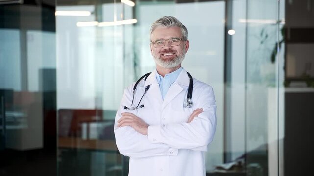Portrait of smiling gray-haired mature doctor in white coat and glasses standing in hospital. Confident male physician looking at camera with folded arms, professional medic posing in medical clinic.