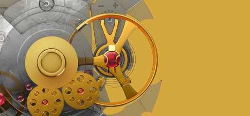 Transparent luxury watch movement with copy space, balance wheel and ruby jewel close up