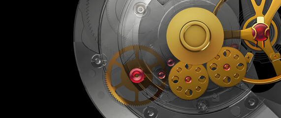 Transparent mechanical watch movement macro detail on black background, precision engineering close up