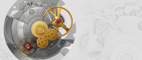 Transparent mechanical watch movement with copy space on light background, precision engineering concept